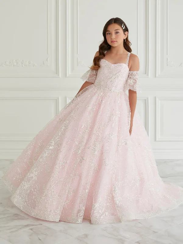 Evening dress with puff sleeves-Girls Floral Applique Gown by Tiffany Princess 13659