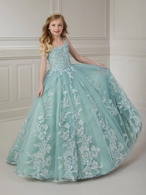 Evening dress with flared skirt-Girls Floral Applique Tulle Gown by Tiffany Princess 13720