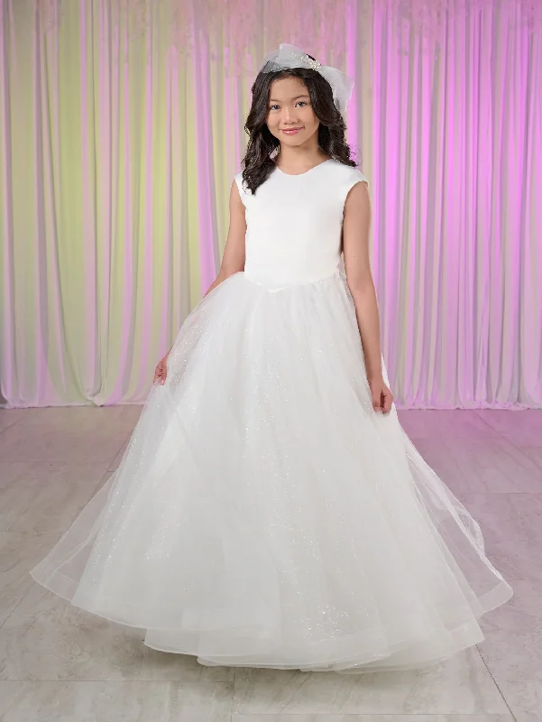 Evening dress with double straps-Girls White Cap Sleeve Gown by Tiffany Princess 13777