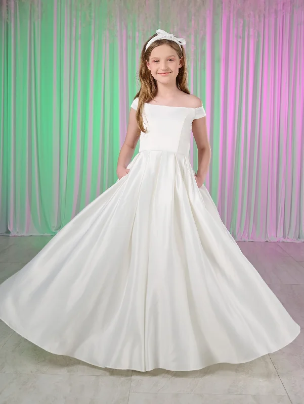 Evening dress with crystals-Girls White Off Shoulder Gown by Tiffany Princess 13776