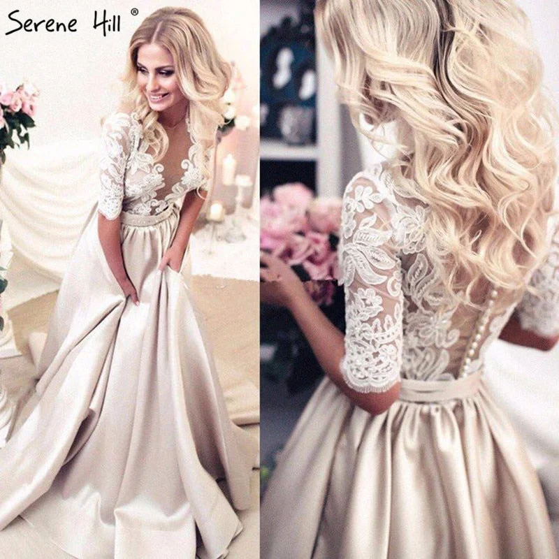 Evening dress with draped bodice-Half Sleeves Satin Sexy Prom Dresses Long  Lace Beading Deep-V HA2100