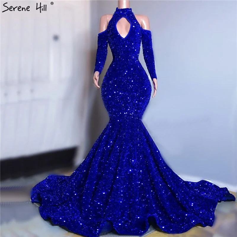 White evening dress-Long Royal Blue Prom Dress Sparkly Glitter Sequin Sexy Top African Girl Mermaid Prom Dresses 2024 New Arrival LA70453