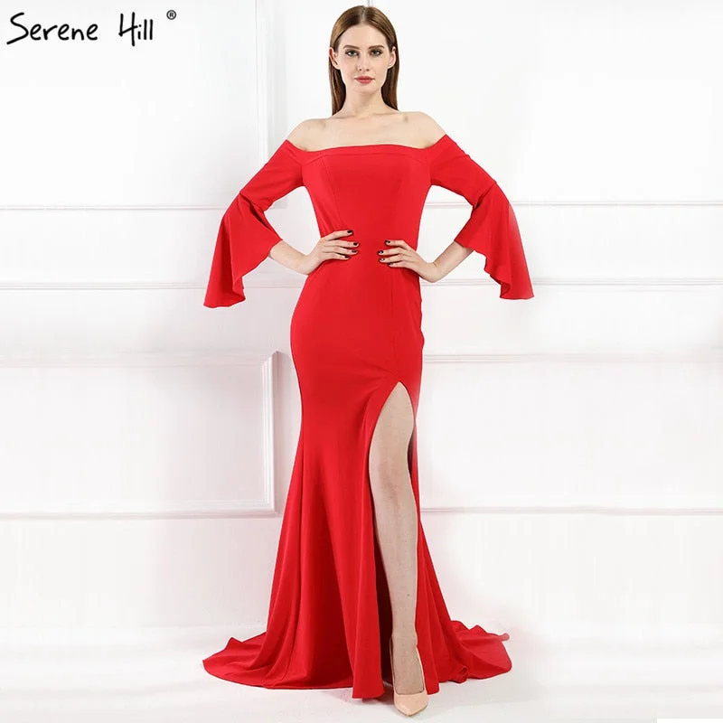 Evening dress with asymmetrical hem-Off Shoulder Mermaid Prom Dresses Elegant Bride Toasting Evening Gowns LA6197