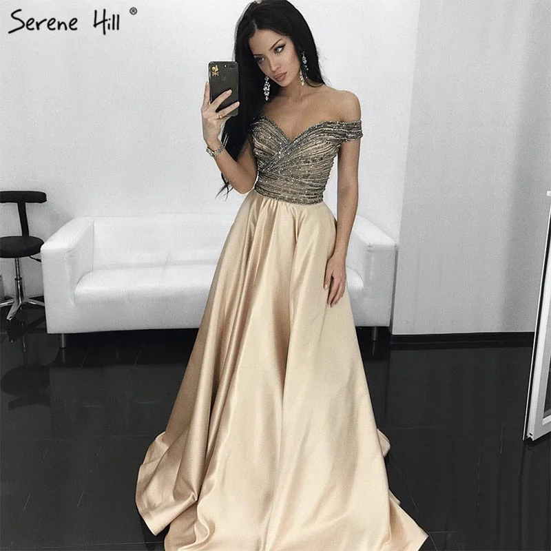 Burgundy evening dress-Off shouler Sexy Beading  Fashion Luxury A-Line Prom Dress  Diamond Crystal Satin Evening Party Dresses 2024 Serene Hill LA6252