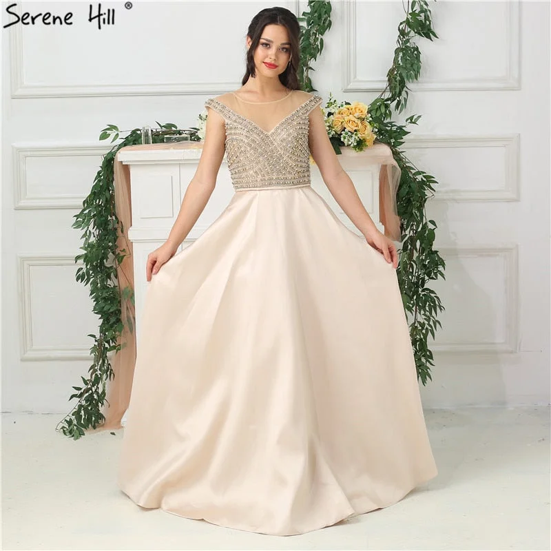 Evening dress with beaded bodice-Sale Satin Sleeveless Prom Dresses Beading Pearls Dubai Design Evening Gown LA6681