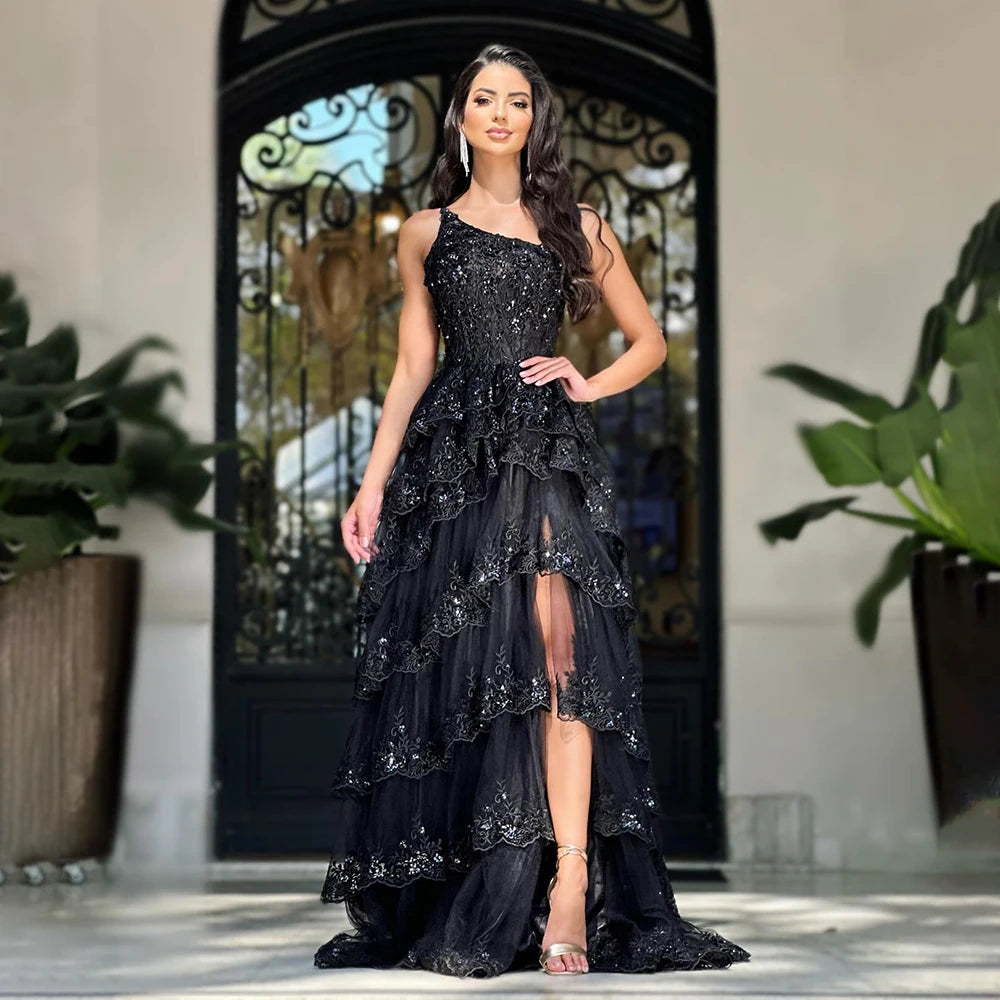 Evening dress with sleeves-Serene Hill 2024 Arabic Black Elegant One-Shoulder Tiered Side Split A-Line Lace Luxury Prom Dress for Women's Party LA72647