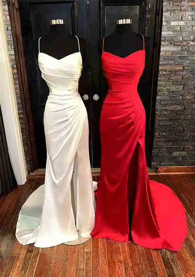 Evening dress with ruffles-Serene Hill 2024 Arabic Red Elegant Spaghetti Strap Pleated Satin Prom Dress with Split for Women's Party LA72675