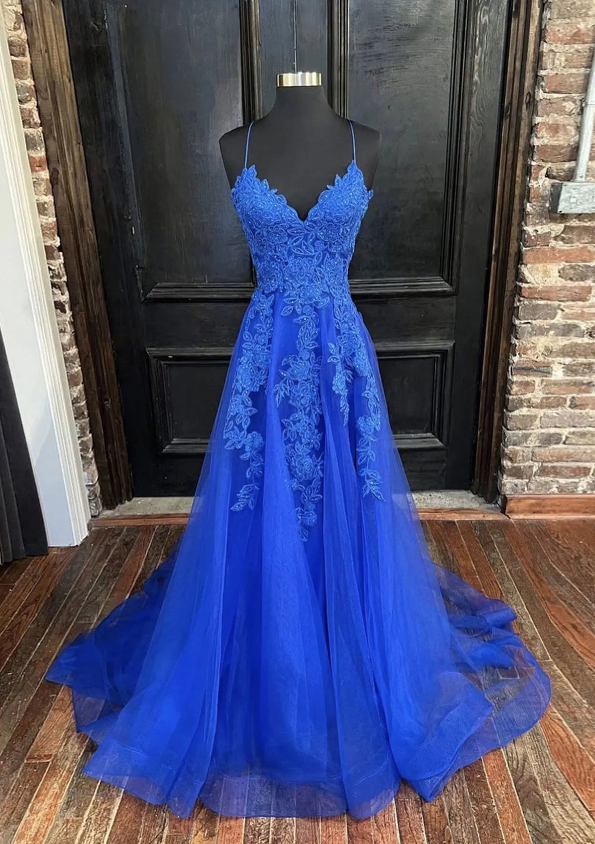 Evening dress with ruching-Serene Hill 2024 Arabic Blue A-Line Spaghetti Straps Tulle Prom Dress with Appliqués for Women's Party LA72678