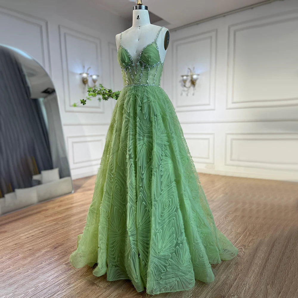 Evening dress with sheer sleeves-Serene Hill 2024 Arabic Sage Green Elegant Spaghetti Strap Backless A-Line Prom Dress for Women | Wedding Party LA72636