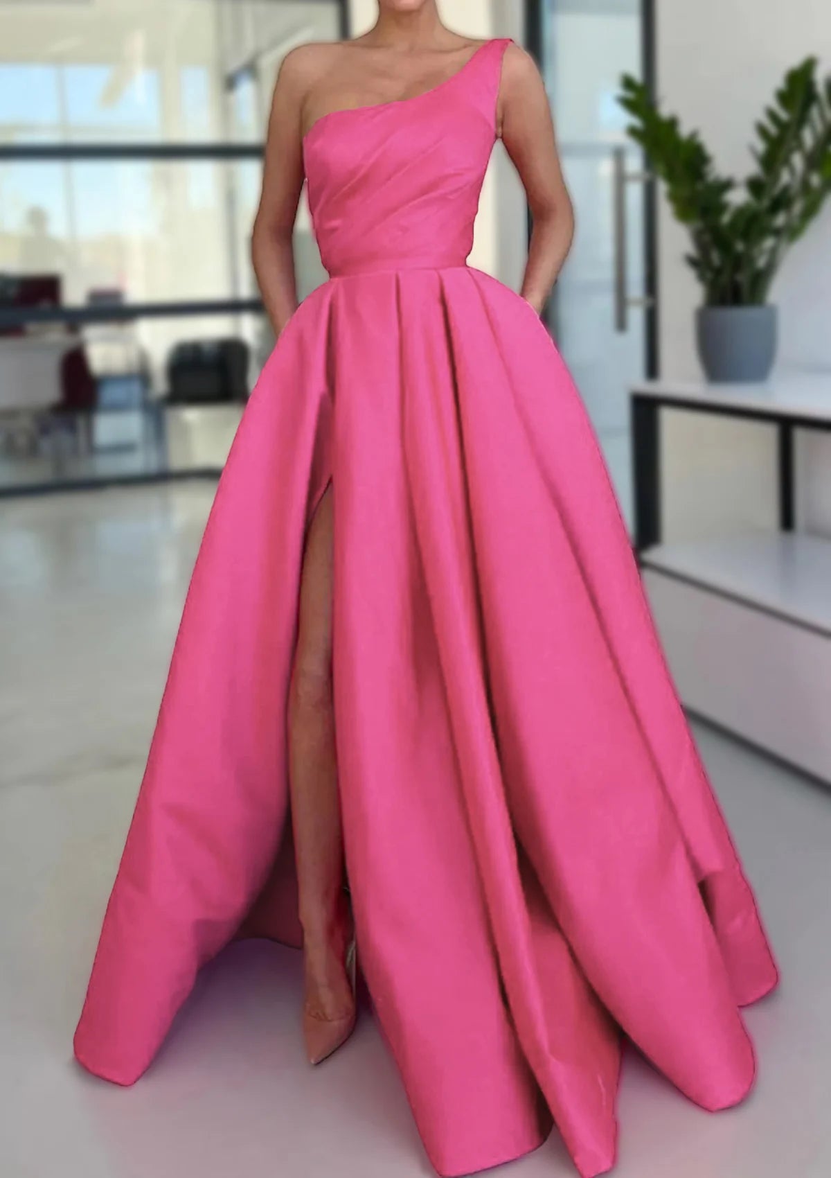 Evening dress with off-shoulder neckline-Serene Hill 2024 Arabic Pink A-Line One-Shoulder Floor-Length Satin Prom Dress with Split, Ruffles, and Pockets for Women's Party LA72683