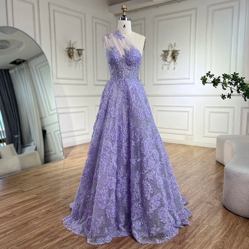 Evening dress with tiered layers-Serene Hill 2024 Arabic Lilac One-Shoulder A-Line Lace Appliques Luxury Prom Dress for Women's Party LA72619