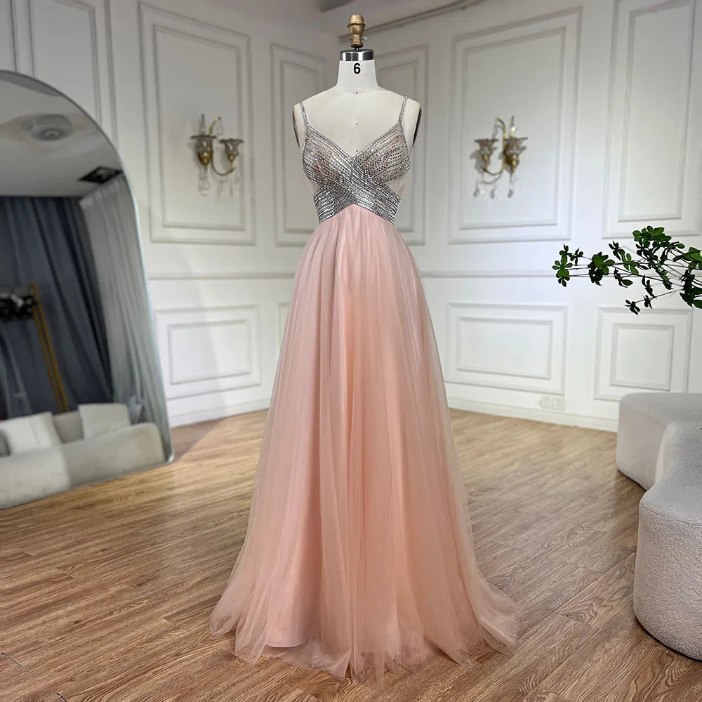 Evening dress with strapless design-Serene Hill 2024 Arabic peach Elegant Spaghetti Strap Beaded A-Line Prom Dress for Women | Wedding Party LA72629