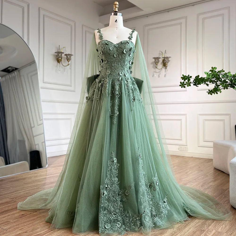 Evening dress with spaghetti straps-Serene Hill 2024 Arabic Sage Green Spaghetti Strap Lace-Up Bow A-Line Appliques Prom Dress for Women Wedding Party LA72642