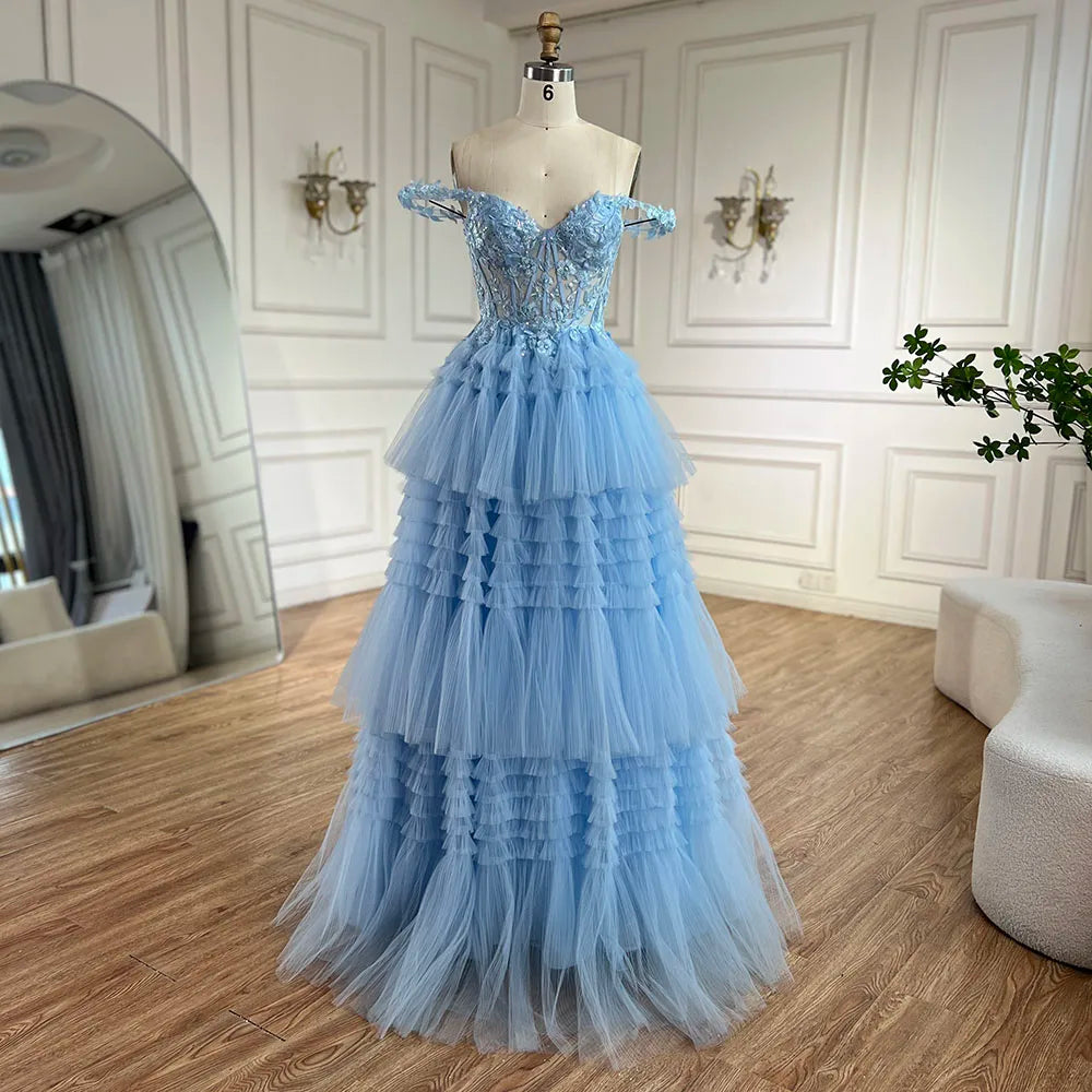 Evening dress with trumpet silhouette-Serene Hill 2024 Blue Spaghetti Strap Tiered A-Line Lace Appliques Lace-Up Luxury Prom Dress for Women's Party LA72621