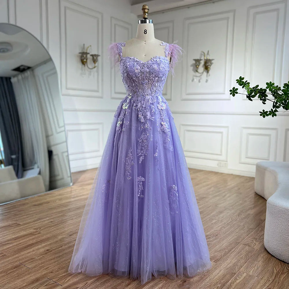 Evening dress with sweetheart neckline-Serene Hill 2024 Lilac Spaghetti Strap Lace-Up Back A-Line Appliques Feathers Prom Dress for Women | Wedding Party LA72623