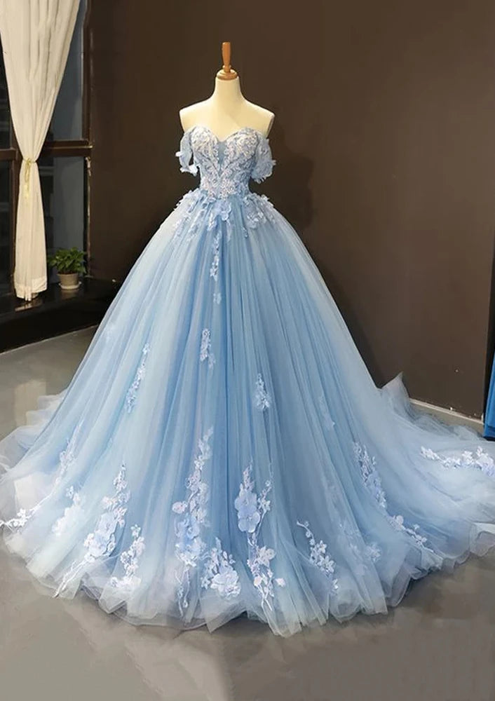 Evening dress with plunging neckline-Serene Hill 2024 Arabic Blue Ball Gown Off-the-Shoulder Tulle Prom Dress with Appliqués for Women's Party LA72679