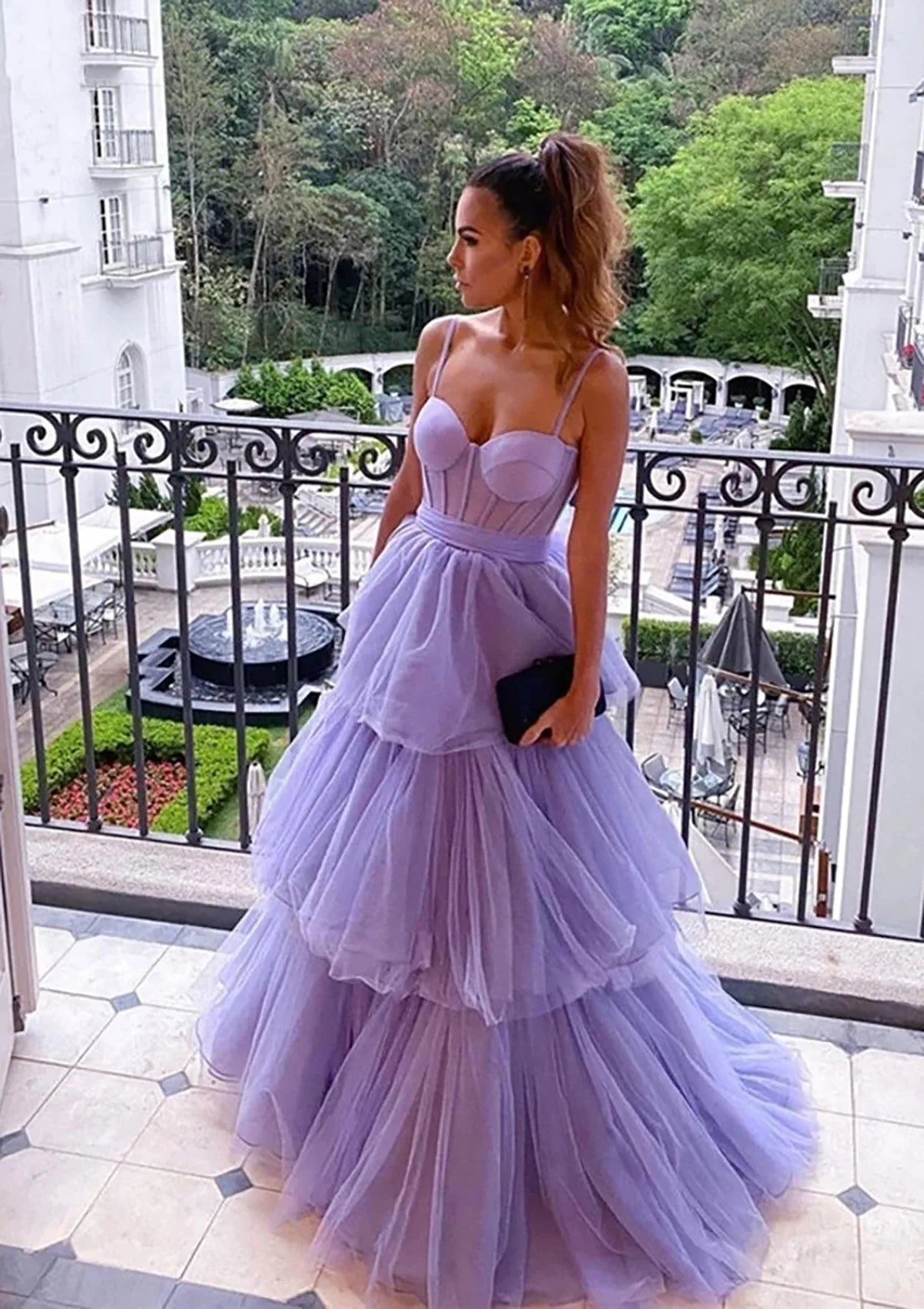 Evening dress with peplum-Serene Hill 2024 Arabic Lilac A-Line Spaghetti Straps Long Tulle Prom Dress with Ruffles for Women's Party LA72681