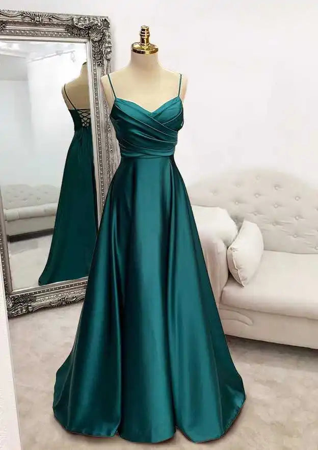 Evening dress with off-shoulder-Serene Hill 2024 Arabic Green A-Line Spaghetti Straps Floor-Length Satin Prom Dress with Pleats for Women's Party LA72684