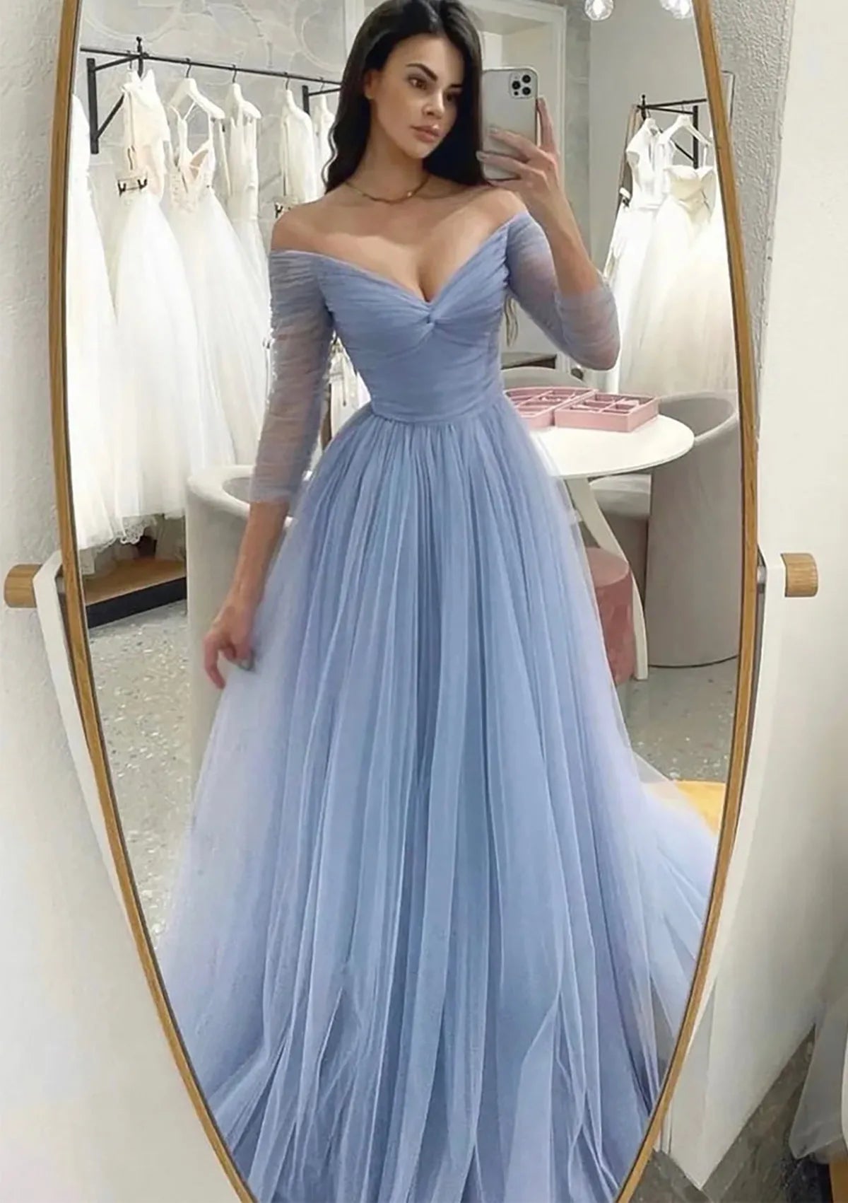 Evening dress with lace applique-Serene Hill 2024 Arabic Blue A-Line Off-the-Shoulder Tulle Prom Dress with Pleats for Women's Party LA72690