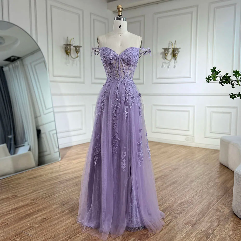 Evening dress with slit-Serene Hill 2024 Lilac Spaghetti Strap Lace-Up Back A-Line Appliqué Prom Dress for Women | Wedding Party LA72620