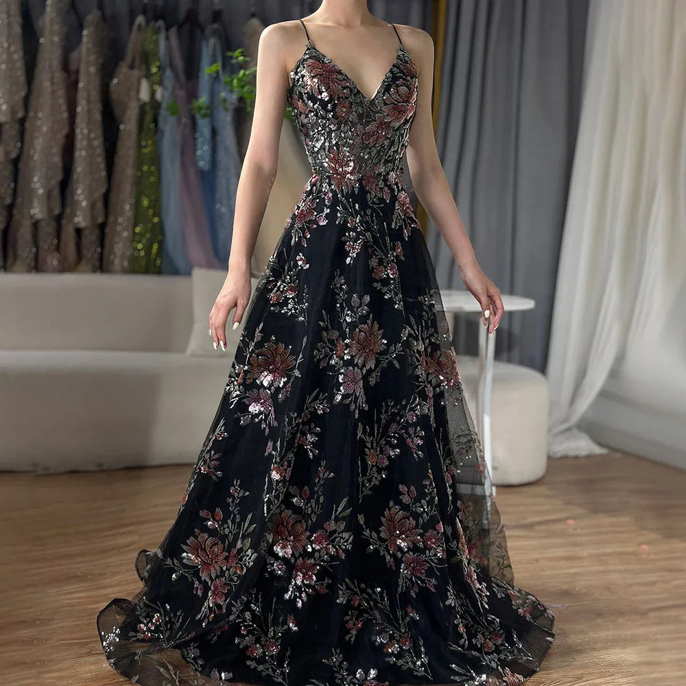 Evening dress with lace-Serene Hill 2024 Spaghetti Strap A-Line Black Beaded Luxury Prom Dress for Formal Occasion Saudi Arabic LA72773