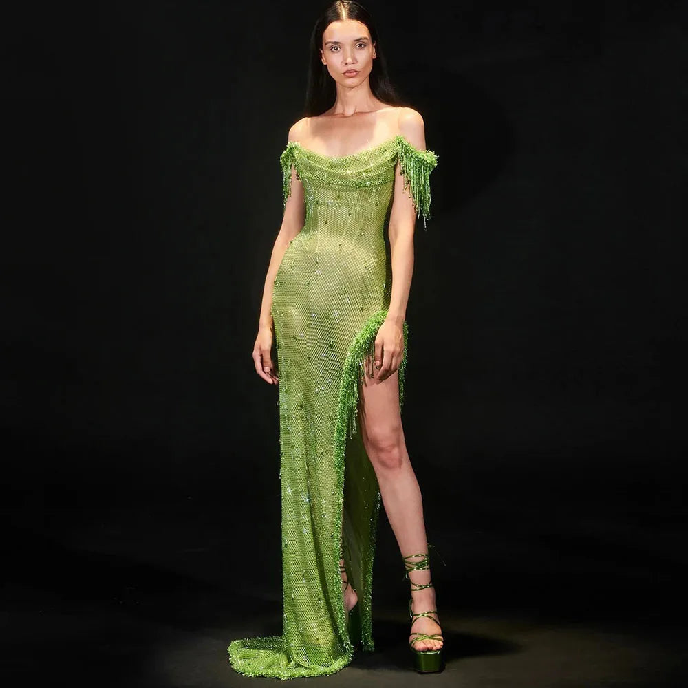 Evening dress with tulle-Serene Hill Arabic Green Crystal Tassel Saudi Evening Dresses Gowns High Split Prom Dress for Women Wedding Party 2024 LA72490