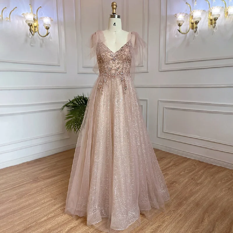 Pink evening dress-Serene Hill Arabic Pink A-Line Sexy V Neck Beaded Luxury Dubai Long Prom Dress 2024 Gowns For Women Party LA71904