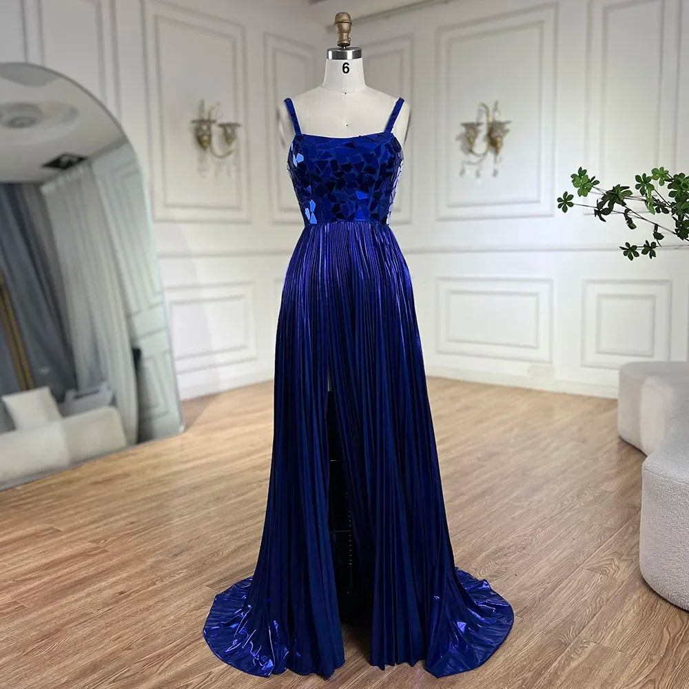 Evening dress with taffeta-Serene Hill Blue Spaghetti Straps Lace-Up Back Mermaid Beaded Sequined Prom Dress for Women Wedding Party 2024 LA72612