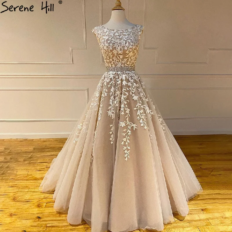 Evening dress for parties-Serene Hill Champagne A-Line Sexy Prom Dresses 2024 Beaded Lace  Flower Graduation School Party Gowns LA71177