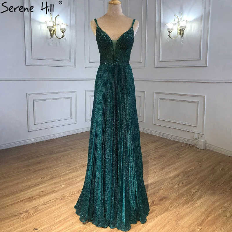 Elegant evening dress-Serene Hill Green A-Line Sexy Prom Dresses 2024 Beaded Spaghetti Strap Graduation School Party Gowns LA71245