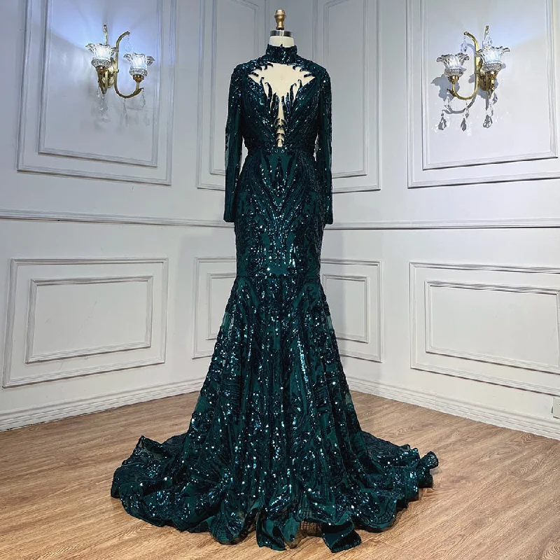 Evening dress with wrap design-Serene Hill Green Long Prom Dresses 2024 Luxury Sequined  Sexy Mermaid Style Black Girl Prom Gala Party Gown LA72027