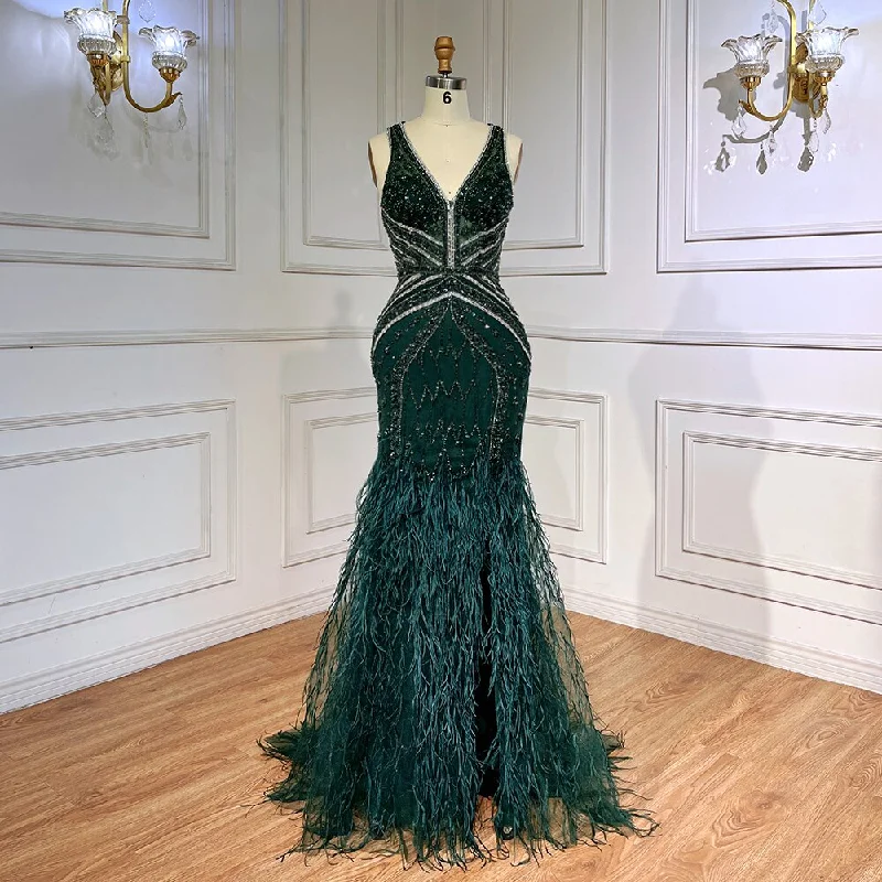 Sleeveless evening dress-Serene Hill Green Sexy Mermaid Split Feathers Beaded Formal Arabic Luxury Prom Dress For Women Party 2024 LA71845