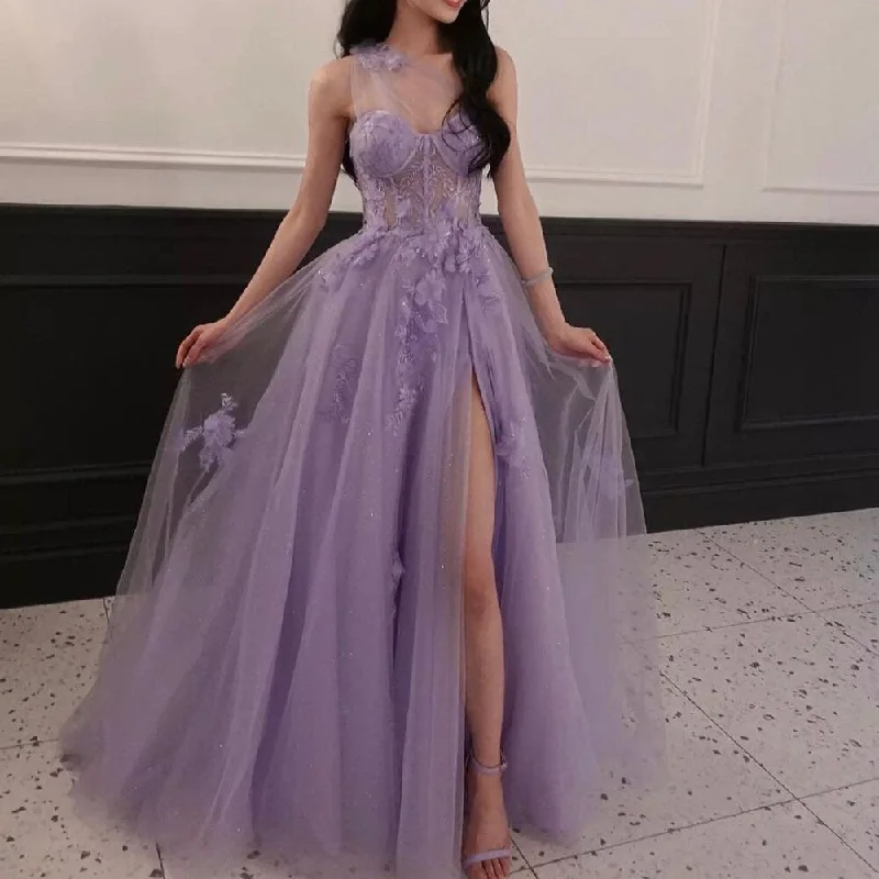 Red evening dress-Serene Hill Lilac One Shoulder Split Long 2024 Flower Graduation School Party Gown Celebrity Prom Dresses LA71881