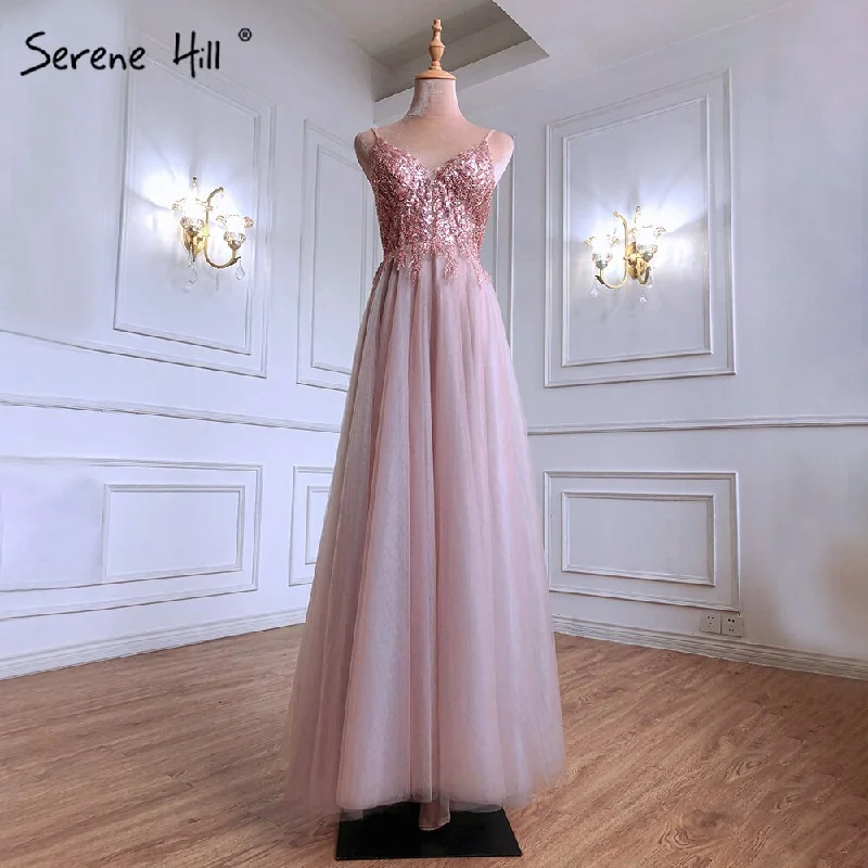 Classic evening dress-Serene Hill Pink Sexy A-Line Prom Dresses 2024 Spaghetti Strap Beaded Simple Prom Party Dress LA71287