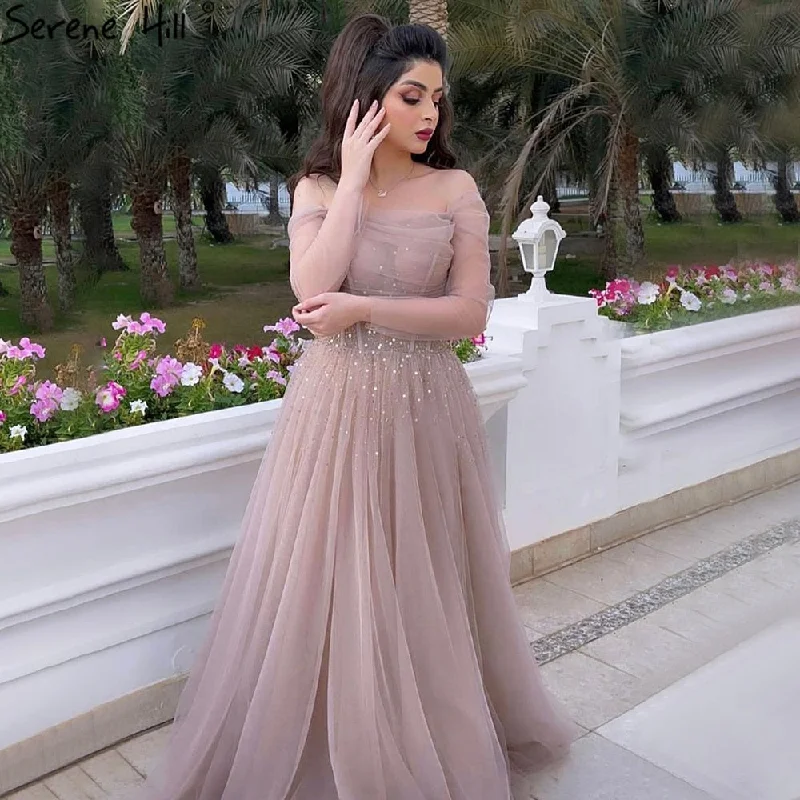 Evening dress for cocktail-Serene Hill Pink Sexy Prom Dresses Long 2024 Beaded Long Sleeves Sexy A-Line Graduation School Party Gown LA71222