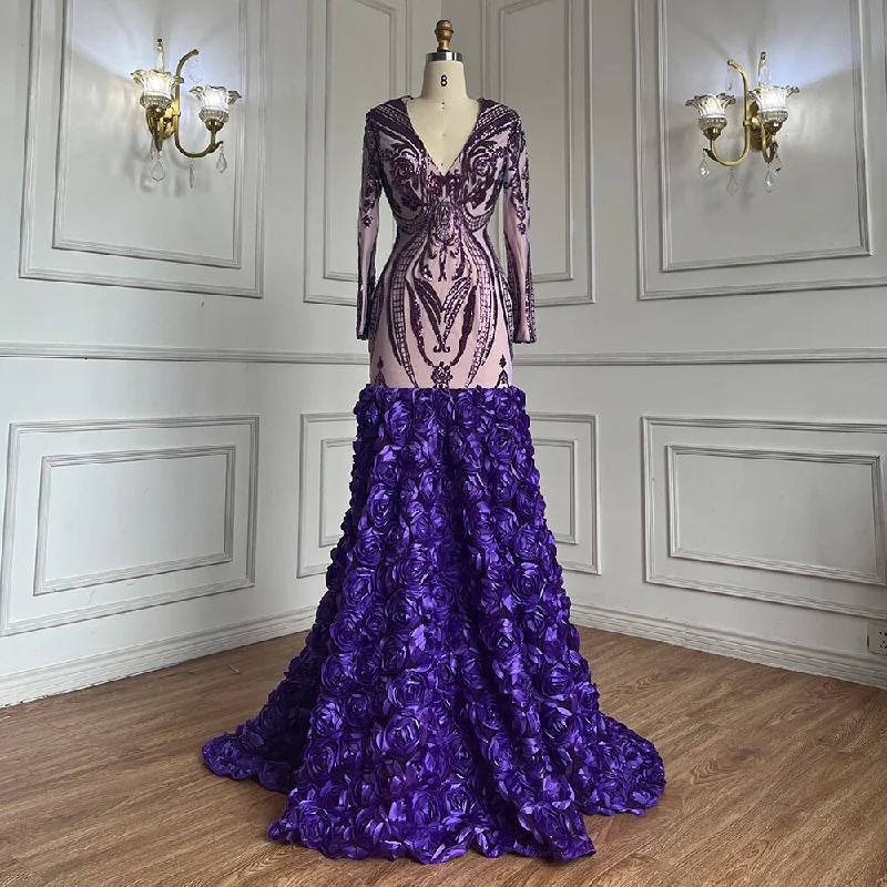 Evening dress with tulle overlay-Serene Hill Purple Long Prom Dresses 2024 Luxury Sequined  Sexy Mermaid Style Black Girl Prom Gala Party Gowns 2024 LA72071