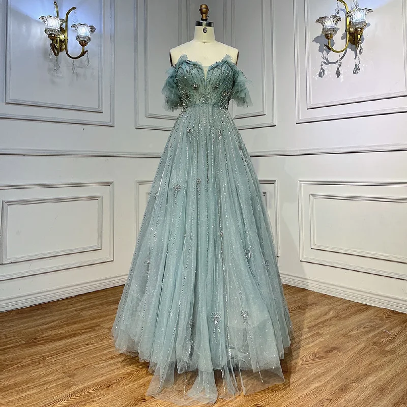 Gold evening dress-Serene Hill Turquoise Arabic A Line For Wedding Long Luxury 20243 Hand Made Beaded Formal Prom Dress Party Gown LA72064