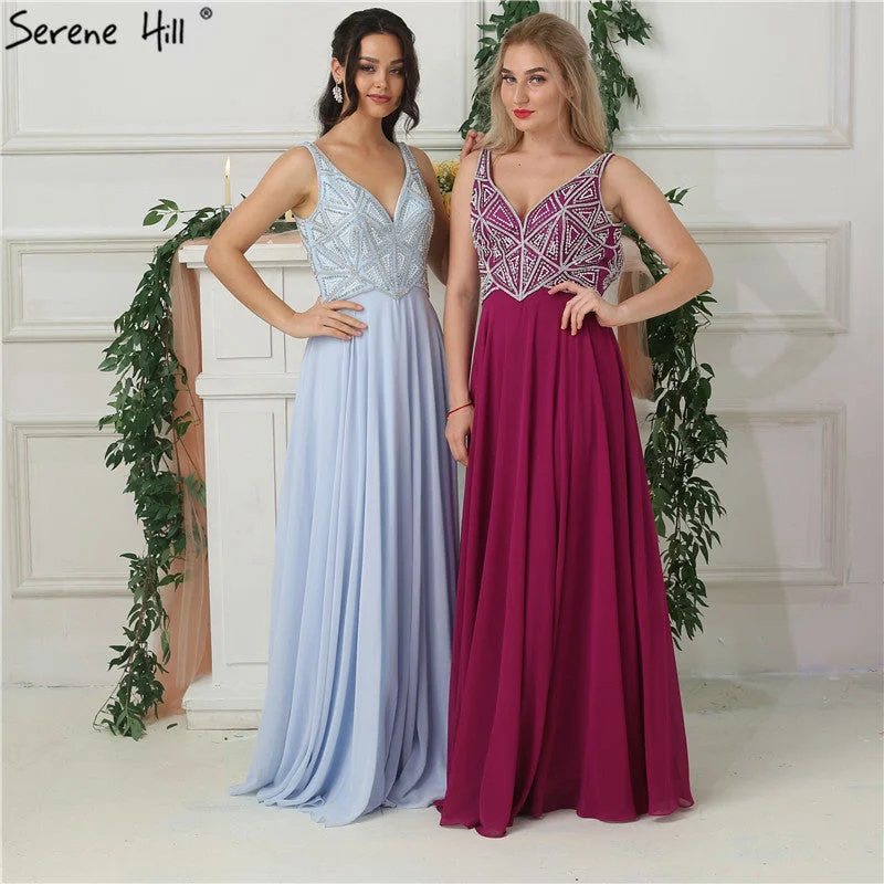 Evening dress with bow-On Sale no return no refundSale Sky Blue Chiffon Sleeveless Prom Dresses Beading Pearls V-Neck Beach Evening Gowns LA6697