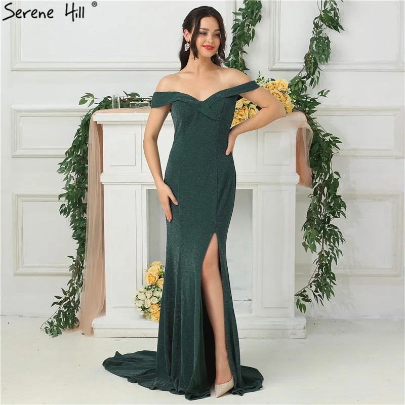 Evening dress with beaded details-Sleeveless Off Shoulder Prom Dresses Boat Evening Gowns Real Photo LA6683