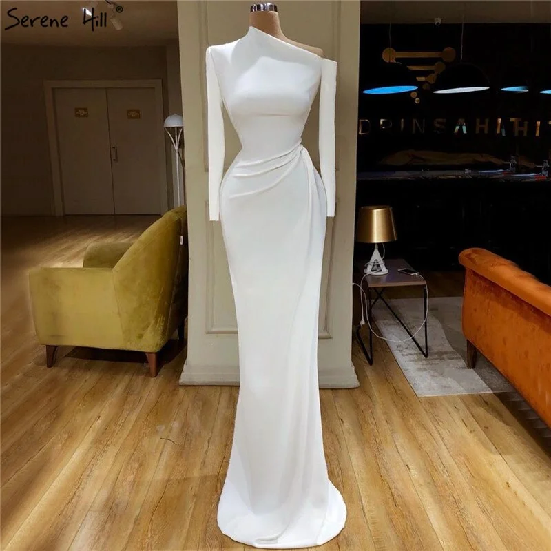 Metallic evening dress-On Sale no return no refundSale White Satin Simple Long Sleeves Prom Dresses 2024 Mermaid Elegant Long Prom Party Gowns Serene Hill LA70298