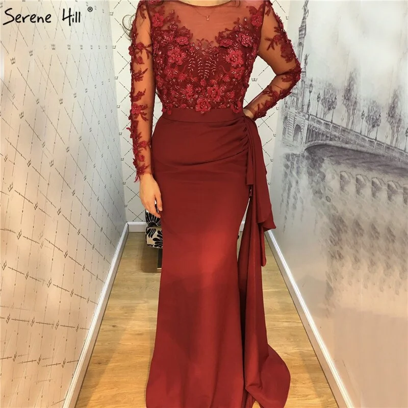 Blue evening dress-Wine Red O-Neck Satin Mermaid Prom Dresses 2024 Beading Handmade Flowers Long Sleeves Prom Gowns Serene Hill LA70244