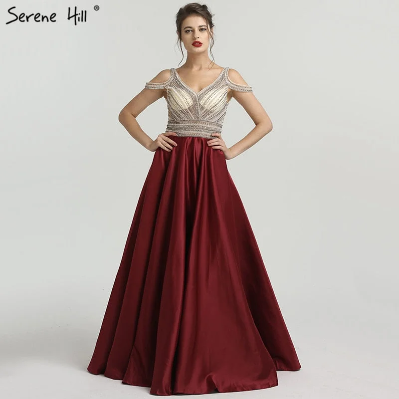 Evening dress with bow belt-Wine Red V-Neck Satin Evening Gowns Sleeveless Beading Crystal A-Line Prom Dress LA6183