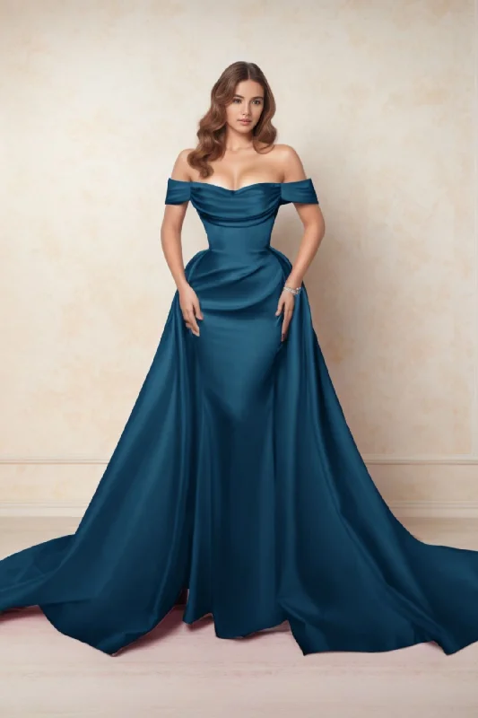 Evening dress with crystals-A-Line Chapel Train Satin Prom Dress CS0416