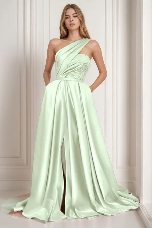 White evening dress-A-Line Sweep-Brush Train Satin Prom Dress CS0429