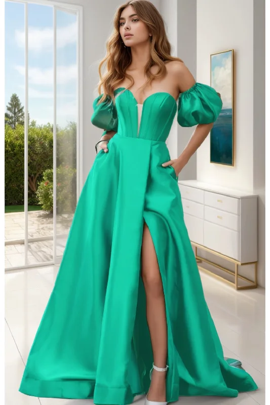 Evening dress with high neckline-A-Line Sweep-Brush Train Satin Prom Dress CS0448