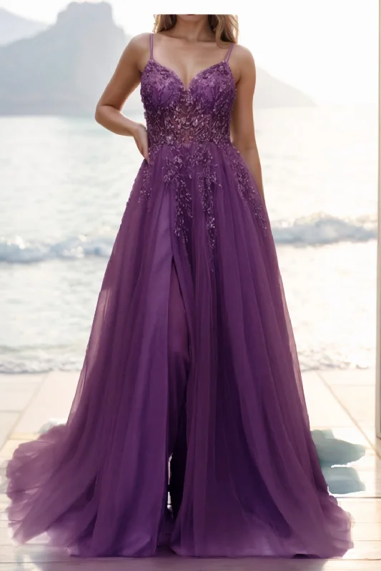 Evening dress with asymmetrical hem-A-line Sweep-Brush Train Tulle Prom Dress CS0402