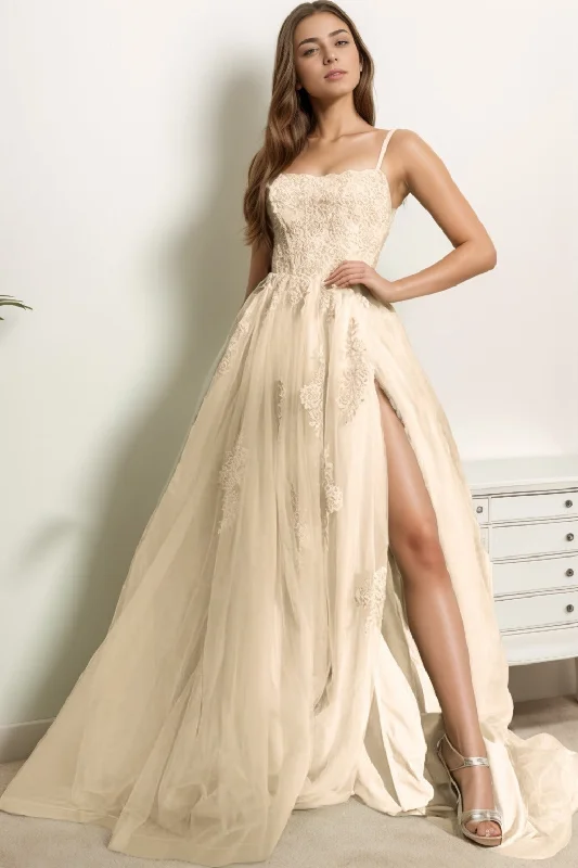 Evening dress with embellishments-A-Line Sweep-Brush Train Tulle Prom Dress CS0415