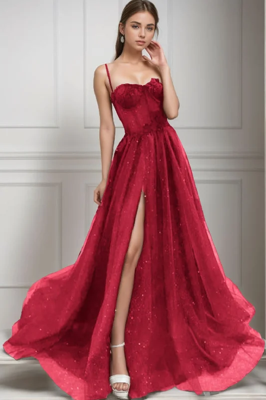 Evening dress with illusion sleeves-A-Line Sweep-Brush Train Tulle Prom Dress CS0439