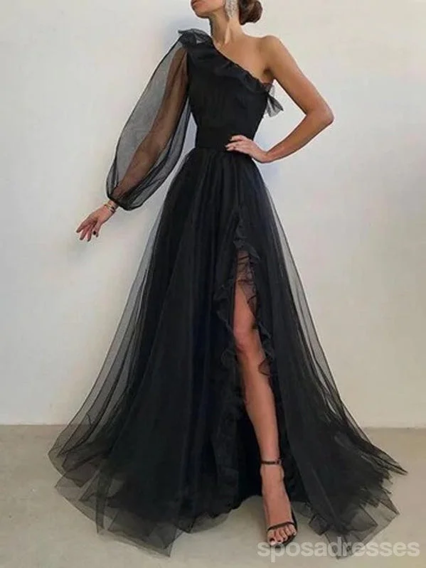 Evening dress with tulle-Black A-line One Shoulder Long Sleeves High Slit Prom Dresses Online,12658