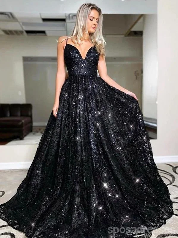 Evening dress with strapless design-Black A-line Spaghetti Straps V-neck Backless Long Party Prom Dresses Online,12564